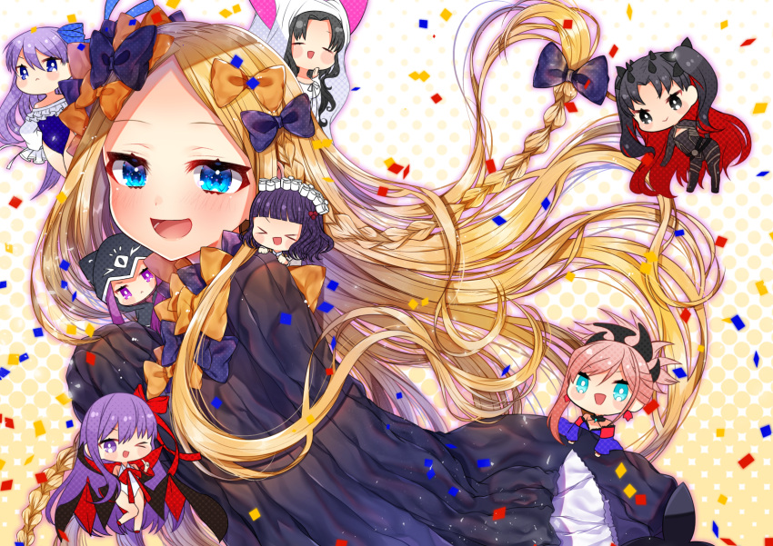 abigail_williams_(fate/grand_order) akirannu bangs black_bow black_dress black_headwear blonde_hair blue_eyes blush bow breasts dress fate/grand_order fate_(series) forehead hair_bow highres long_hair long_sleeves looking_at_viewer multiple_bows open_mouth orange_bow parted_bangs polka_dot polka_dot_bow sleeves_past_fingers sleeves_past_wrists smile stuffed_animal stuffed_toy teddy_bear very_long_hair white_bloomers