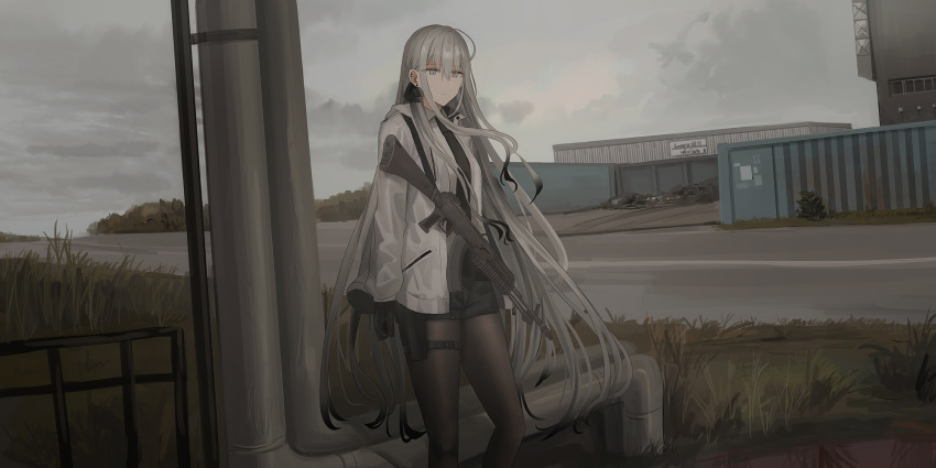 1girl an-94 assault_rifle bangs black_gloves black_hair black_ribbon black_shirt black_shorts breasts chihuri closed_mouth clouds cloudy_sky commentary_request ear_piercing earrings eyebrows_visible_through_hair gloves gradient_hair grey_eyes grey_hair gun hair_between_eyes hair_ribbon highres jacket jewelry legwear_under_shorts long_sleeves looking_away multicolored_hair open_clothes open_jacket original outdoors overcast pantyhose piercing pipes ribbon rifle shirt short_shorts shorts sky small_breasts solo standing stud_earrings weapon white_jacket zoya_petrovna_vecheslova