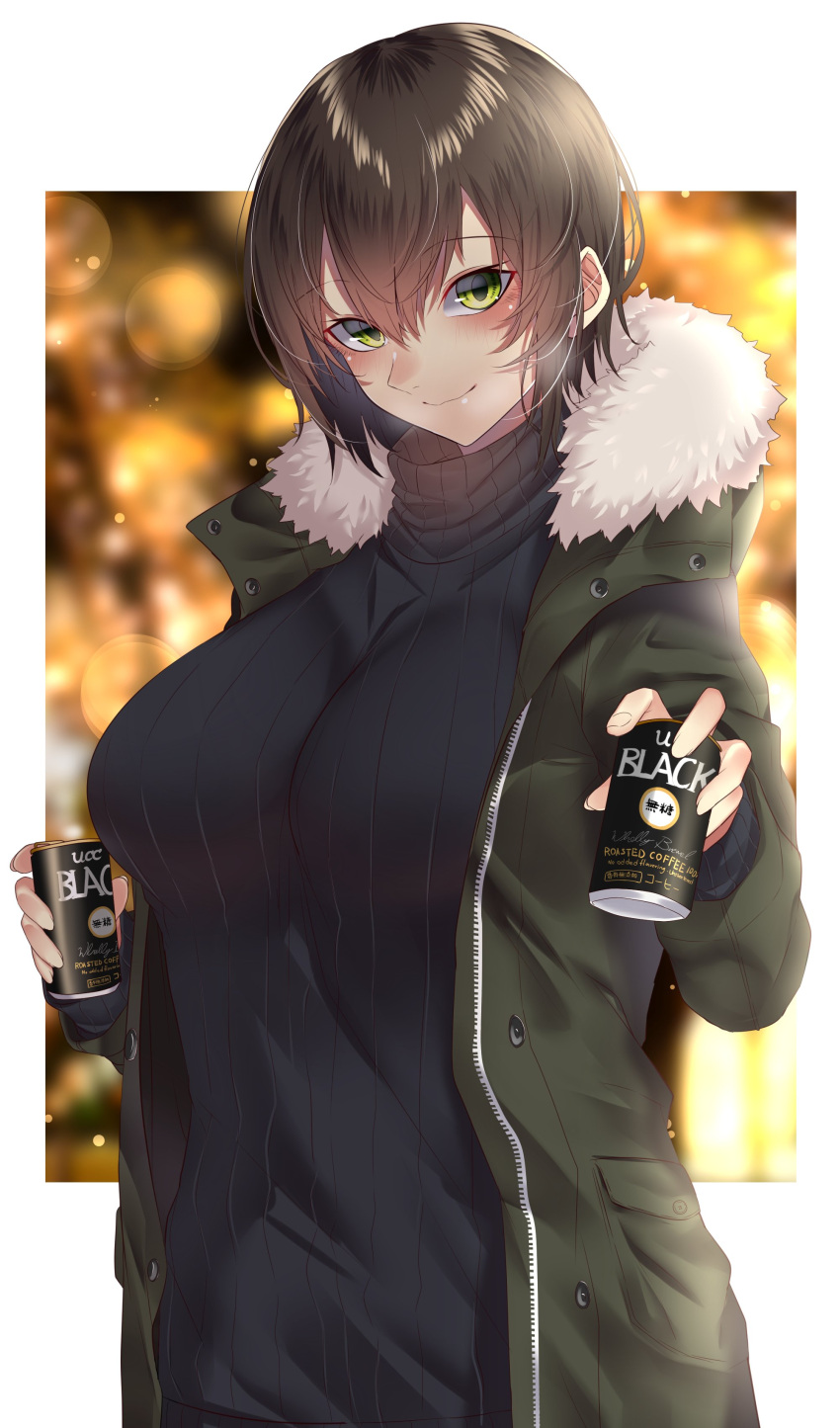 1girl absurdres bangs blurry blurry_background blush breasts brown_hair can closed_mouth coat commentary_request eyebrows_visible_through_hair fur_collar green_coat hair_between_eyes highres holding holding_can large_breasts looking_at_viewer onineko-chan open_clothes open_coat original ribbed_sweater short_hair smile sweater turtleneck turtleneck_sweater yellow_eyes