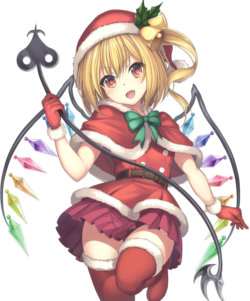 1girl :d bangs bell belt blonde_hair blush boots bow bowtie brown_belt capelet commentary_request cowboy_shot crystal dress eyebrows_visible_through_hair fang flandre_scarlet fur-trimmed_boots fur-trimmed_gloves fur_trim gloves green_bow green_neckwear hair_bell hair_between_eyes hair_ornament hand_up hat head_tilt highres holding janne_cherry laevatein long_hair looking_at_viewer miniskirt one_side_up open_mouth pleated_dress pom_pom_(clothes) red_capelet red_eyes red_footwear red_gloves red_headwear red_shirt red_skirt santa_costume santa_hat shirt simple_background skirt smile solo standing standing_on_one_leg thigh-highs thigh_boots thighs touhou white_background wings zettai_ryouiki