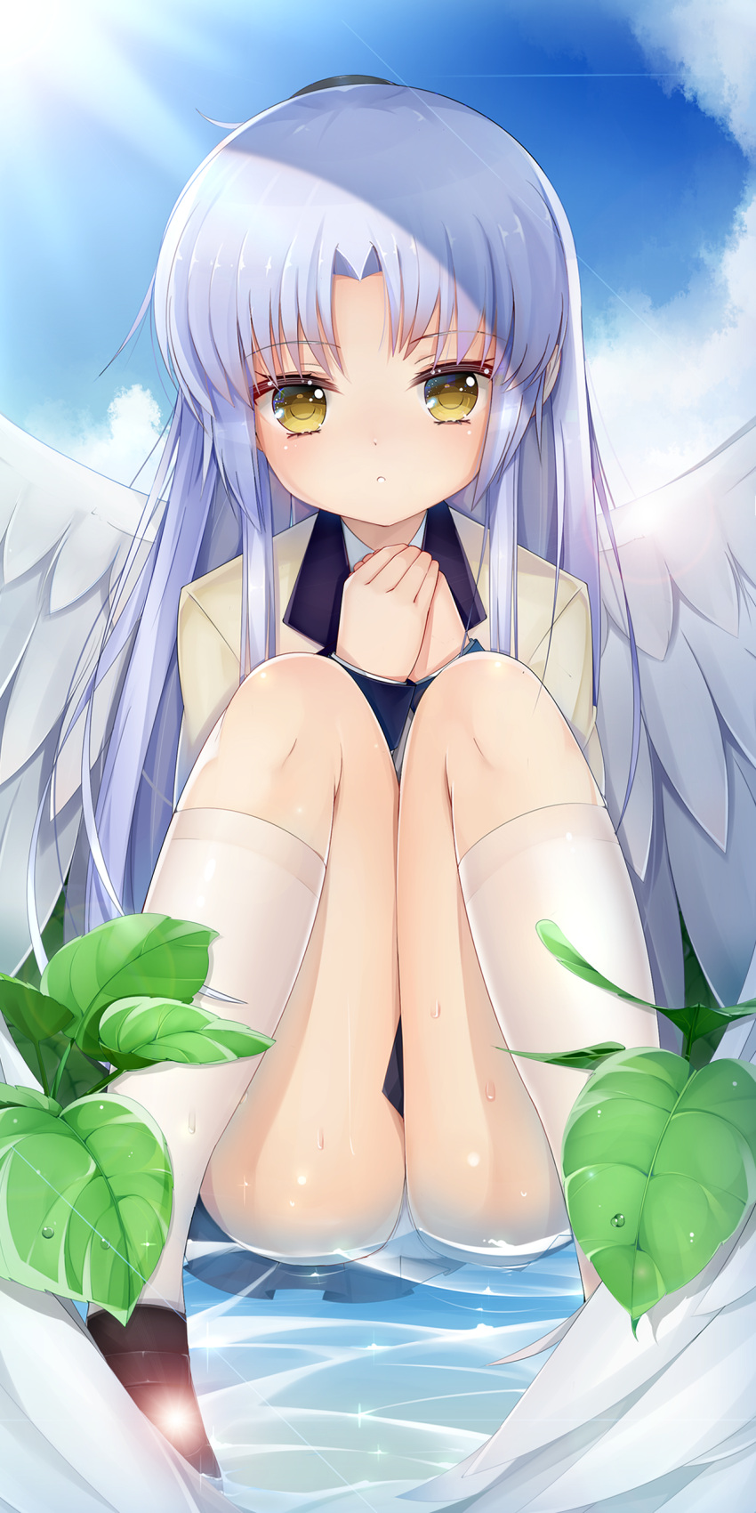 1girl absurdres angel_beats! ass black_skirt blazer blue_sky cer_(cerber) clouds cloudy_sky commentary_request day feathered_wings full_body hands_together highres jacket kneehighs knees_together_feet_apart knees_up long_hair looking_at_viewer outdoors panties parted_lips partially_submerged pleated_skirt silver_hair sitting skirt sky solo sunlight tachibana_kanade thighs underwear very_long_hair wet wet_clothes wet_panties wet_skirt white_legwear white_wings wings yellow_eyes
