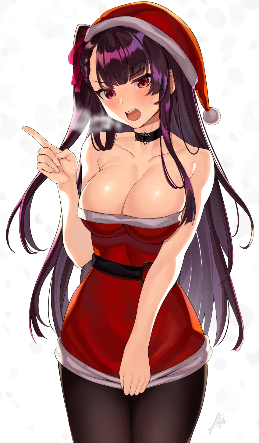 1girl absurdres annoyed bangs bare_shoulders be_garam belt blush breasts breathing collarbone dress eyebrows_visible_through_hair girls_frontline hair_ribbon half_updo hand_up hat highres irritated large_breasts long_hair looking_at_viewer one_side_up open_mouth pantyhose purple_hair red_dress red_eyes ribbon santa_costume santa_hat solo strapless strapless_dress tsundere tube_dress very_long_hair wa2000_(girls_frontline)