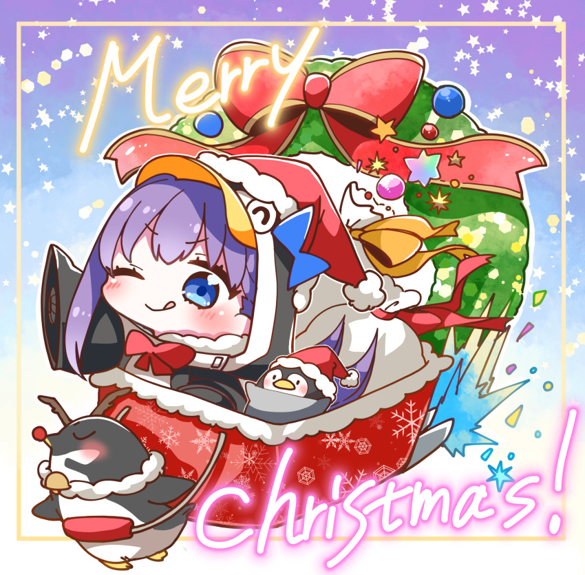 1girl ;q animal animal_hood antlers bangs bird black_jacket blue_eyes blush bow chibi christmas christmas_ornaments christmas_wreath closed_eyes closed_mouth commentary_request eyebrows_visible_through_hair fate/grand_order fate_(series) fur-trimmed_hat fur_trim hat highres hood hood_up hooded_jacket jacket jako_(jakoo21) long_hair long_sleeves meltryllis meltryllis_(swimsuit_lancer)_(fate) merry_christmas one_eye_closed penguin penguin_hood purple_hair red_bow red_headwear red_nose reindeer_antlers sack santa_hat sleeves_past_fingers sleeves_past_wrists sleigh smile snowflake_print solo star tongue tongue_out v-shaped_eyebrows very_long_hair