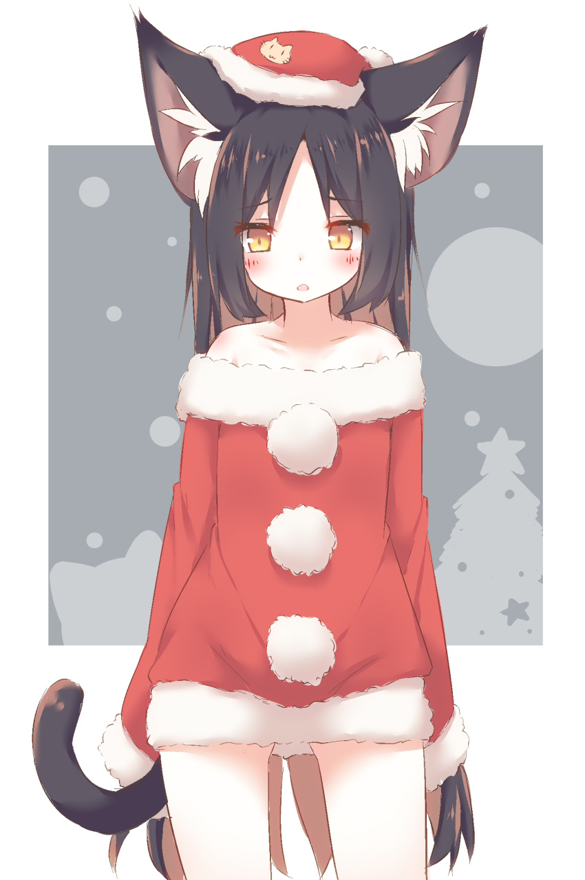 1girl animal_ear_fluff animal_ears ass_visible_through_thighs bangs bare_shoulders black_hair blush brown_eyes brown_hair cat_ears cat_girl cat_tail christmas_tree commentary_request daidai_ookami dress eyebrows_visible_through_hair fur-trimmed_dress fur-trimmed_sleeves fur_trim highres long_hair long_sleeves multicolored_hair off-shoulder_dress off_shoulder original parted_bangs parted_lips red_dress sleeves_past_fingers sleeves_past_wrists solo star tail two-tone_hair very_long_hair