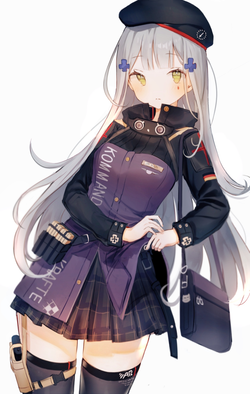 1girl absurdres ammunition ammunition_pouch bag bangs beret black_bag black_beret black_headwear black_jacket black_legwear buttons closed_mouth cowboy_shot damo_(xdzt8552) facial_tattoo frilled_skirt frills german_flag german_text germany girls_frontline green_eyes gun hair_ornament handgun hat head_tilt headwear highres hk416_(girls_frontline) holding holding_skirt holster holstered_weapon iron_cross jacket lapel_pin leaning leaning_to_the_side long_hair long_sleeves looking_at_viewer magazine_(weapon) miniskirt multicolored multicolored_clothes multicolored_jacket plaid plaid_skirt plain_badge pouch purple_jacket shoulder_bag silver_hair skirt solo tattoo teardrop thigh-highs thigh_holster translation_request very_long_hair weapon zettai_ryouiki