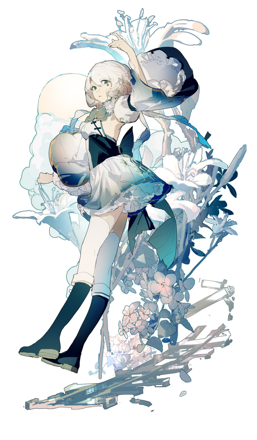 1girl arm_up black_footwear blue_bow blue_bowtie blue_eyes boots bow bowtie commentary detached_sleeves dress flower flower_facial_mark full_body highres knee_boots lobelia_(saclia) long_sleeves looking_at_viewer midair original oversized_flowers parted_lips petticoat short_hair simple_background solo thigh-highs white_background white_dress white_flower white_hair white_legwear white_sleeves