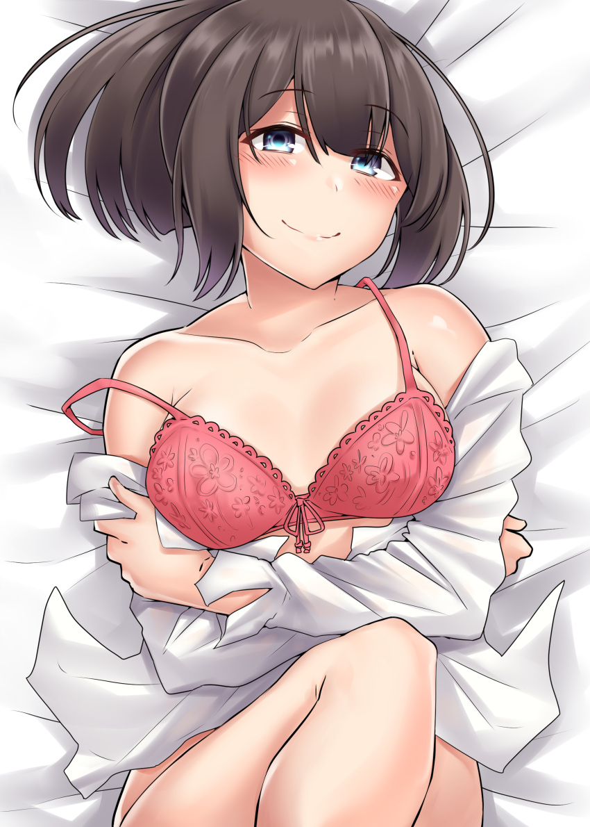 1girl absurdres akizuki_(kantai_collection) bangs blue_eyes blush bra breasts brown_hair closed_mouth collarbone commentary_request crossed_arms eyebrows_visible_through_hair highres kantai_collection kiritto lace lace-trimmed_bra long_sleeves looking_at_viewer lying medium_breasts medium_hair off_shoulder on_back ponytail shirt smile solo underwear white_shirt