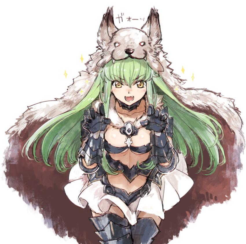 1girl :d alternate_costume animal_hood armored_boots bangs berserker_(granblue_fantasy) boots breasts c.c. claw_pose code_geass cosplay creayus eyebrows_visible_through_hair fang gao gauntlets granblue_fantasy green_hair hair_between_eyes hands_up hood long_hair medium_breasts open_mouth simple_background smile solo standing translated white_background yellow_eyes