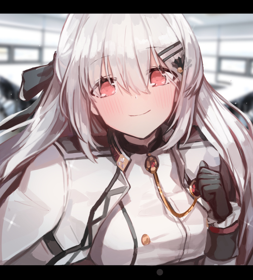 1girl absurdres bangs black_gloves blush breasts commentary eyebrows_visible_through_hair girls_frontline gloves hair_between_eyes hair_ornament hair_ribbon hairclip highres iws-2000_(girls_frontline) jacket letterboxed long_hair looking_at_viewer military military_uniform pn_pixi red_eyes ribbon shirt silver_hair smile solo uniform upper_body white_jacket white_shirt