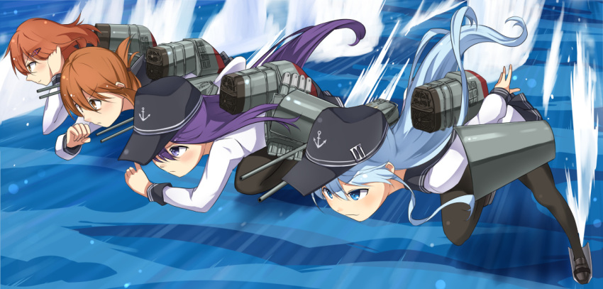 4girls akatsuki_(kantai_collection) blue_eyes brown_eyes brown_hair folded_ponytail hibiki_(kantai_collection) ido_(teketeke) ikazuchi_(kantai_collection) inazuma_(kantai_collection) kantai_collection long_hair multiple_girls purple_hair short_hair silver_hair violet_eyes