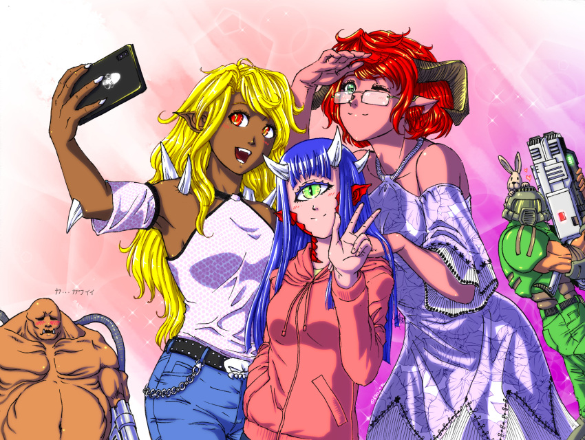 2boys 3girls animal_ear_fluff arm_cannon baron_of_hell bfg_9000 blonde_hair blue_hair blue_pants breasts cacodemon cellphone cyclops daisy_(doom) dark_skin demon_girl demon_horns denim detached_sleeves doom_(game) doom_2 doomguy fangs fat fat_man green_eyes group_picture halter_dress halter_top halterneck hand_in_pocket height_difference helmet highres hood hoodie horns huge_weapon imp_(doom) jeans long_hair mancubus multiple_boys multiple_girls one-eyed one_eye_closed open_mouth pants phone photobomb pink_skin pointy_ears pose power_armor rabbit red_eyes redhead rimless_eyewear scales self_shot short_hair slit_pupils small_breasts smartphone smile sparkle spikes substance20 translation_request v weapon