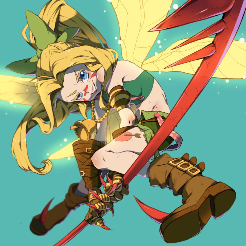 1girl akeru armlet bell belt belt_boots blonde_hair blue_eyes boots bow breasts brown_footwear claws clenched_teeth commentary_request digimon facial_mark fairy_wings fangs full_body glowing glowing_wings green_background green_shirt green_shorts grin groin hair_bow hair_intakes heart heart_tattoo highres holding holding_spear holding_weapon leg_tattoo light_particles long_hair looking_at_viewer midriff multiple_wings navel polearm ponytail shirt short_shorts shorts simple_background sleeveless small_breasts smile solo spear tattoo teeth tinkermon weapon wings