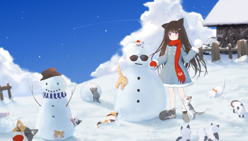 1girl animal animal_ears bangs blue_sky blush boots brown_hair building carrot cat cat_ears christmas closed_mouth clouds commentary_request day dress fence fringe_trim fufumi fur-trimmed_boots fur-trimmed_dress fur-trimmed_hat fur-trimmed_mittens fur_trim grey_dress grey_footwear hair_ornament hairclip hat highres holding long_hair mittens original outdoors red_headwear red_mittens red_scarf santa_hat scarf single_mitten sky snow snowball snowman solo standing sunglasses very_long_hair violet_eyes