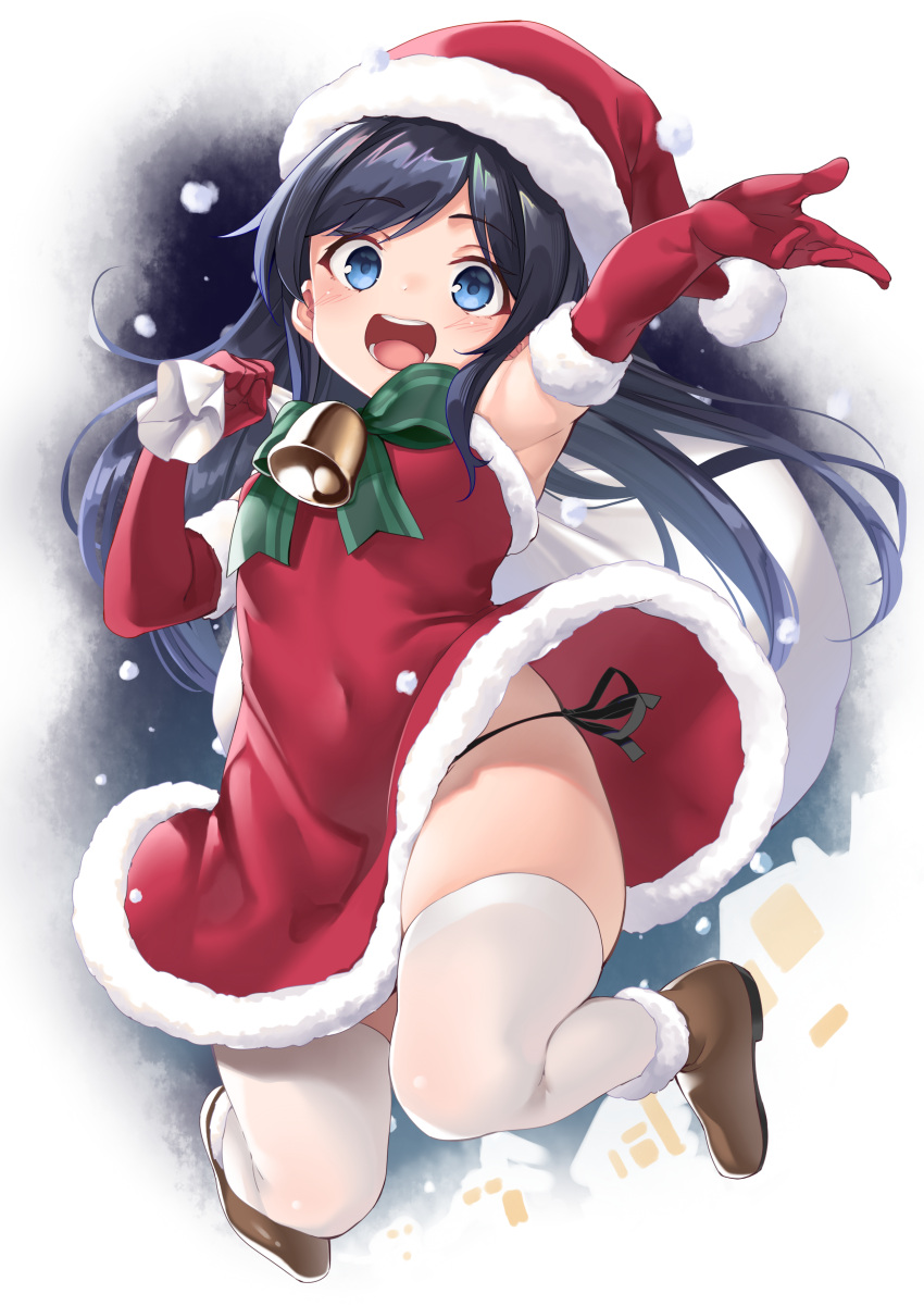 1girl :d absurdres asashio_(kantai_collection) bell black_hair black_string blue_eyes brown_footwear christmas ebifurya elbow_gloves fantia_reward fur_trim gloves green_ribbon hat highres holding holding_sack kantai_collection long_hair open_mouth paid_reward pom_pom_(clothes) red_gloves ribbon sack santa_costume santa_hat shoes smile snow solo string_panties thigh-highs white_legwear