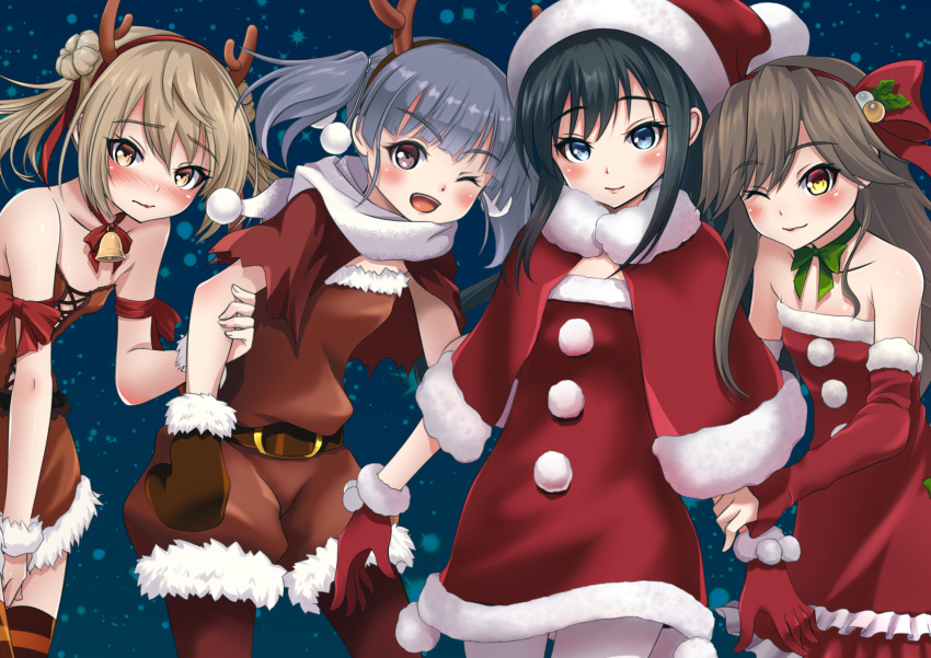 4girls absurdres alternate_costume arashio_(kantai_collection) asashio_(kantai_collection) bare_shoulders belt black_hair blue_eyes blue_hair blush boots brown_dress brown_eyes brown_hair christmas closed_mouth double_bun dress eyebrows_visible_through_hair fur-trimmed_dress fur_trim gloves hair_bun hair_ornament hat highres horns kantai_collection light_brown_hair long_hair looking_at_viewer makura_(user_jpmm5733) michishio_(kantai_collection) multiple_girls night night_sky off-shoulder_dress off_shoulder one_eye_closed ooshio_(kantai_collection) open_mouth pantyhose red_dress red_gloves santa_costume santa_dress santa_hat scarf shawl short_hair short_twintails sky smile striped striped_legwear thigh-highs twintails white_legwear white_scarf yellow_eyes