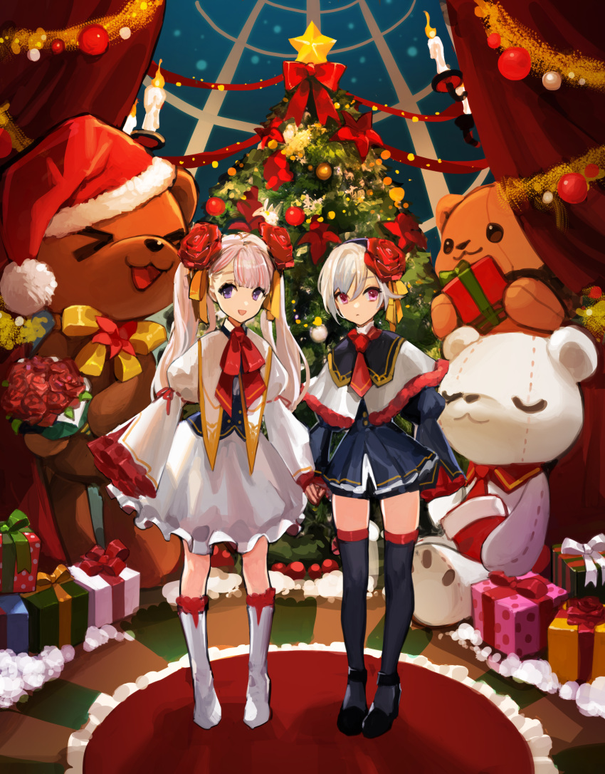 &gt;_&lt; 2girls :d absurdres bangs black_dress black_footwear black_legwear boots bouquet bow box candle christmas christmas_ornaments christmas_tree commentary_request curtains dress eyebrows_visible_through_hair fire flower fur-trimmed_hat gift gift_box hair_between_eyes hair_flower hair_ornament hair_ribbon hat highres holding_hands juliet_sleeves knee_boots long_hair long_sleeves multicolored_hair multiple_girls nima_(niru54) open_mouth orange_ribbon original oversized_object pleated_dress puffy_sleeves red_bow red_flower red_headwear red_neckwear red_rose redhead ribbon rose santa_hat shoes silver_hair sleeves_past_fingers sleeves_past_wrists smile standing star streaked_hair stuffed_animal stuffed_toy teddy_bear twintails very_long_hair white_dress white_footwear white_hair wide_sleeves xd yellow_bow yellow_ribbon