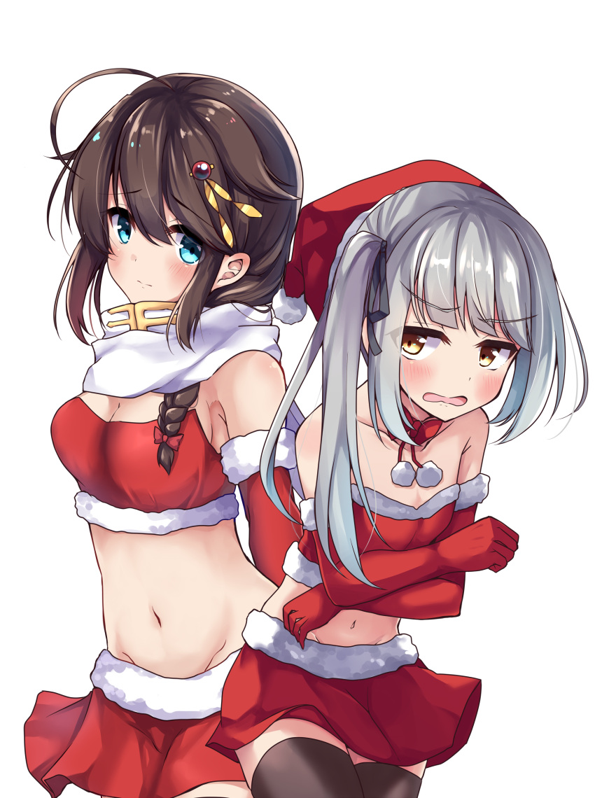2girls absurdres alternate_costume blush braid breasts christmas closed_mouth elbow_gloves eyebrows_visible_through_hair fur_trim gloves grey_hair hair_between_eyes hair_ornament hair_ribbon highres kantai_collection kasumi_(kantai_collection) long_hair looking_at_viewer medium_breasts miniskirt multiple_girls navel open_mouth red_gloves red_skirt ribbon santa_costume shigure_(kantai_collection) side_ponytail single_braid skirt small_breasts smile soramuko thigh-highs