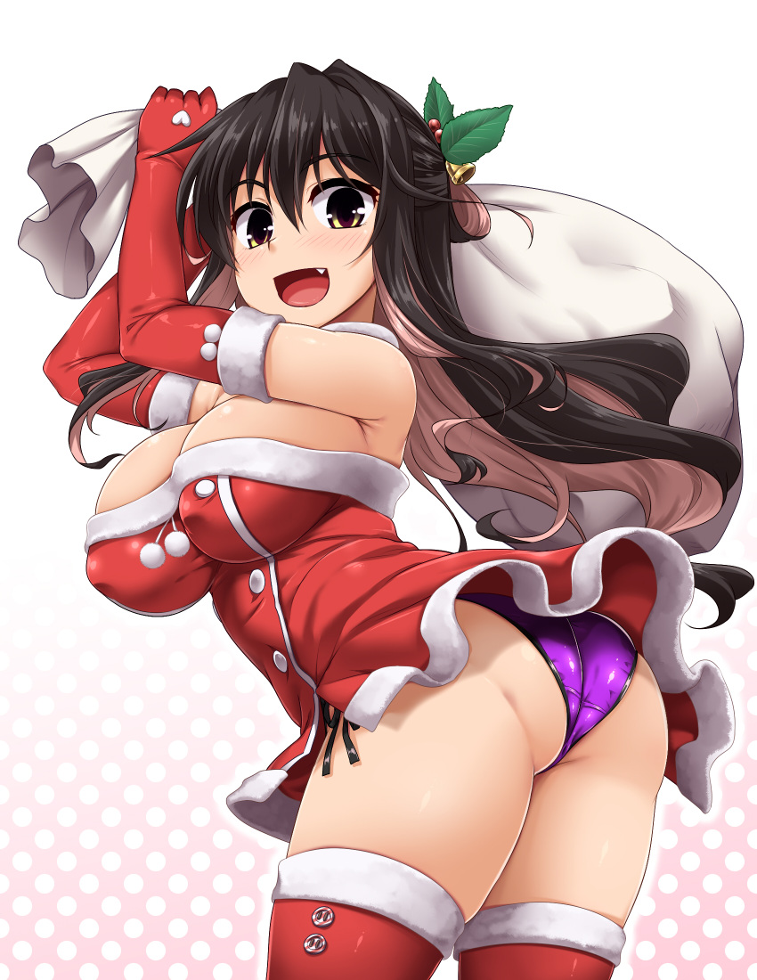 1girl alternate_costume ass bangs bare_shoulders bell black_hair blush breasts buttons christmas christmas_ornaments commentary_request covered_nipples cowboy_shot dress elbow_gloves eyebrows_visible_through_hair fang from_side fur-trimmed_dress fur-trimmed_legwear fur_trim gloves gradient gradient_background hair_ornament highres holding holly jingle_bell kantai_collection large_breasts long_hair looking_at_viewer multicolored_hair naganami_(kantai_collection) open_mouth panties pink_hair polka_dot polka_dot_background purple_panties red_dress red_gloves sack santa_costume side-tie_panties simple_background skindentation smile solo thigh-highs thighs two-tone_hair underwear wavy_hair white_background yellow_eyes yoshi_tama