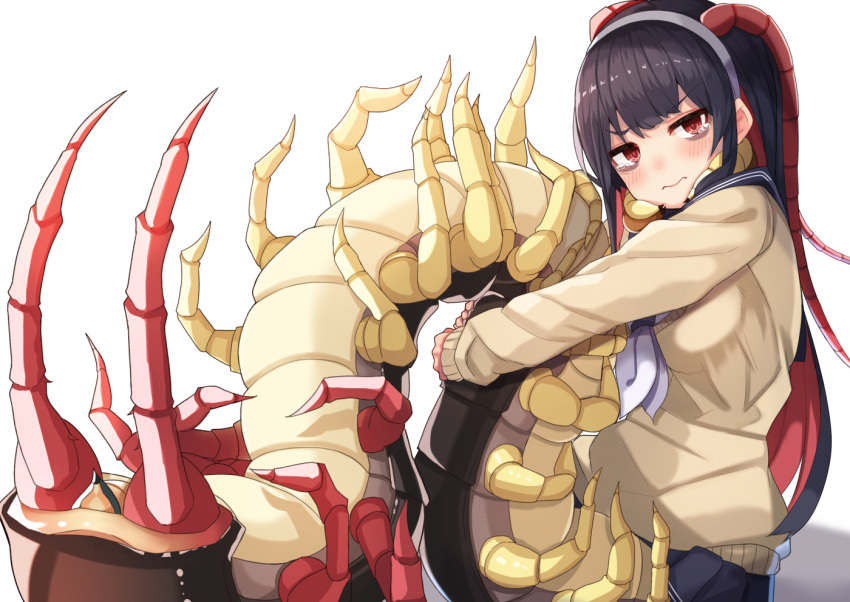 1girl 3: antennae bags_under_eyes bangs beige_sweater black_hair blush breasts centipede_girl commentary_request emukae_kaede_(plan) eyebrows_visible_through_hair hairband holding_tail insect_girl long_hair long_sleeves looking_at_viewer medium_breasts monster_girl multicolored_hair multiple_legs neckerchief original plan_(planhaplalan) pleated_skirt red_eyes redhead sailor_collar shadow sitting skirt solo tail tail_hold tearing_up tears two-tone_hair white_hairband white_neckwear