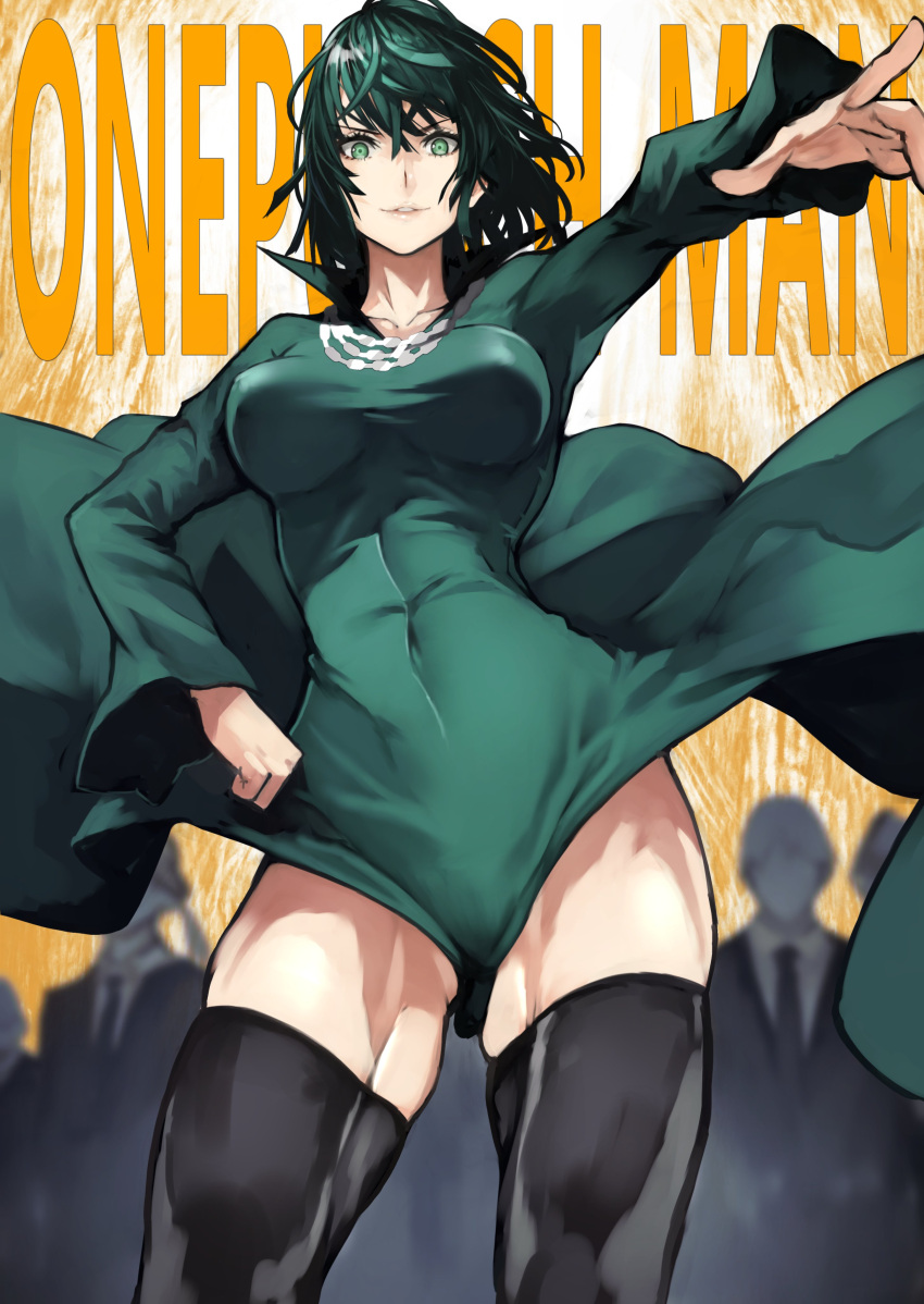 1girl 55level absurdres black_legwear breasts business_suit copyright_name covered_navel dress formal fubuki_(one-punch_man) green_dress green_eyes green_hair grin hair_between_eyes hand_on_hip highres long_hair looking_at_viewer necktie one-punch_man ponytail smile solo_focus suit thigh-highs