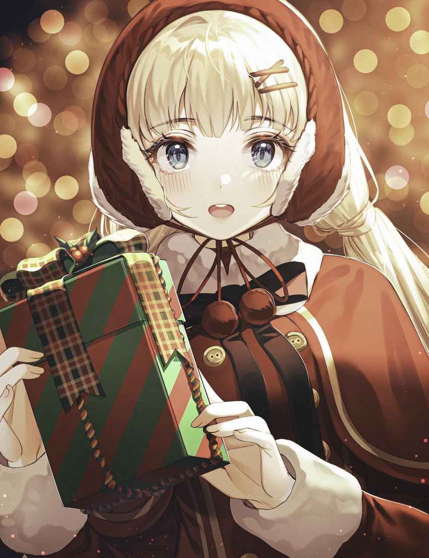 1girl :o bangs black_neckwear black_ribbon blonde_hair blue_eyes blurry blush bokeh box breasts capelet chin_strap christmas depth_of_field earmuffs eyebrows_visible_through_hair fur-trimmed_capelet fur_trim gift gift_box hair_ornament hairclip hat highres holding holding_gift holly kinty light_particles long_hair long_sleeves looking_at_viewer neck_ribbon original plaid pom_pom_(clothes) red_background red_capelet red_headwear red_theme ribbon smile solo upper_body