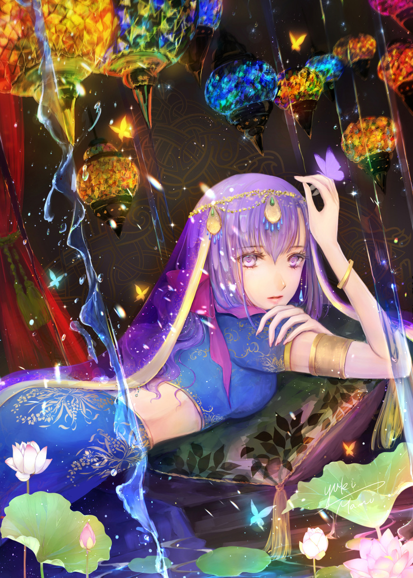 1girl armlet bangs blue_butterfly blue_skirt blurry bracelet bud bug butterfly butterfly_on_hand coin_(ornament) colorful cowboy_shot curtains depth_of_field dutch_angle fate/grand_order fate_(series) fingernails flower from_side glowing_butterfly hair_ornament hair_ribbon hand_on_own_arm hand_up head_chain highres indian_clothes insect jewelry lantern leaf long_fingernails long_hair lotus lying matou_sakura midriff on_stomach parted_lips parvati_(fate/grand_order) pillow pink_nails purple_butterfly purple_hair ribbon see-through short_sleeves skirt skirt_set solo tassel veil violet_eyes water water_drop waterfall yellow_butterfly yuki_mami