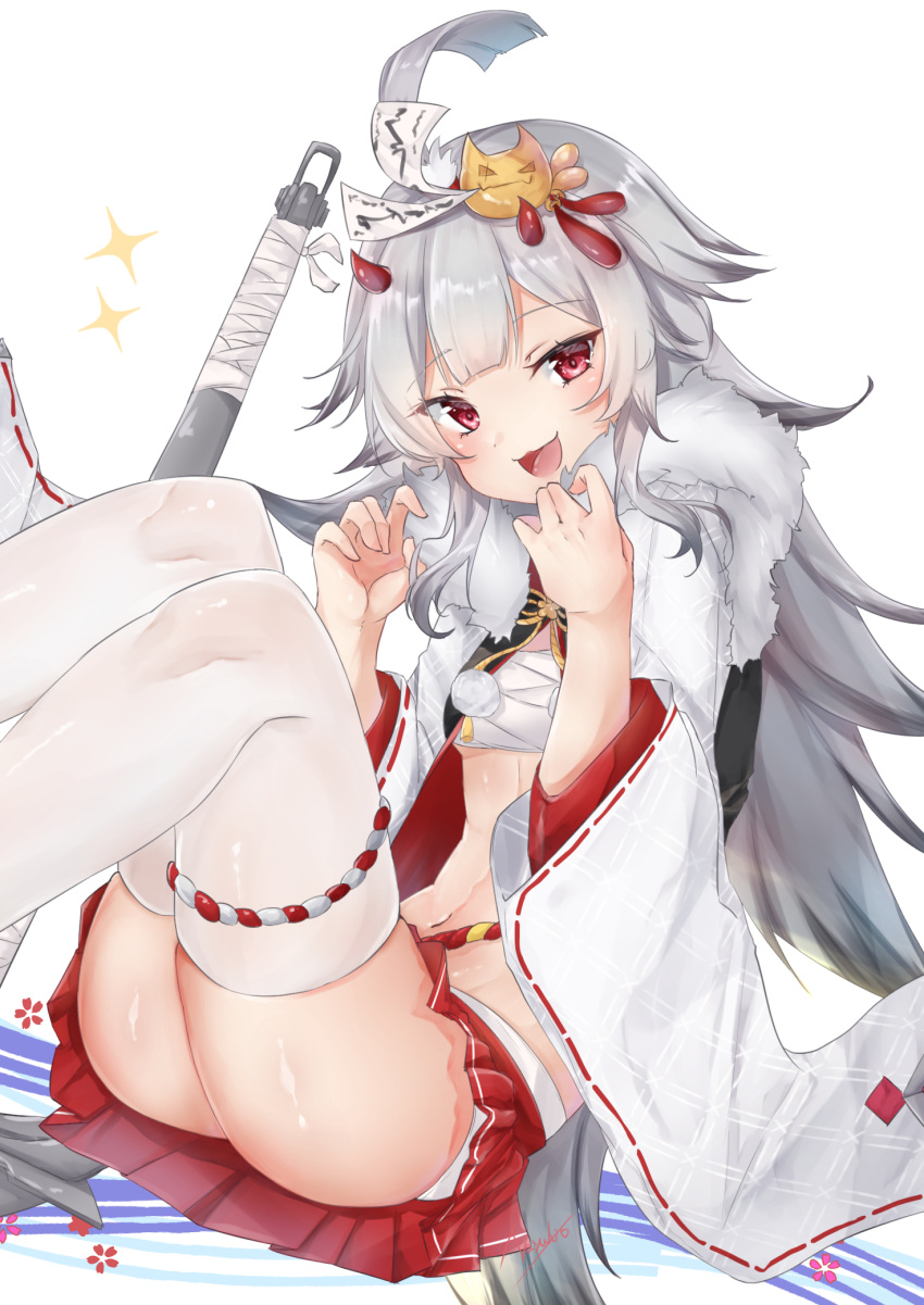 1girl alternate_costume anchor azur_lane budget_sarashi commentary_request grey_hair hair_ornament hibiki_(azur_lane) highres horns japanese_clothes long_hair long_sleeves looking_at_viewer navel nayuta_hilo open_clothes open_mouth red_eyes sarashi simple_background solo thigh-highs weapon white_background white_legwear