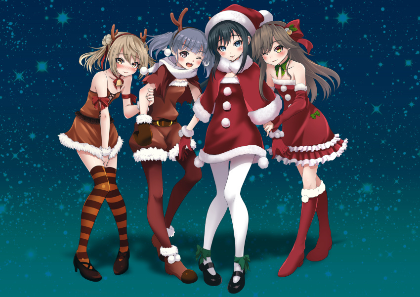 4girls absurdres alternate_costume arashio_(kantai_collection) asashio_(kantai_collection) bare_shoulders belt black_hair blue_eyes blue_hair blush boots brown_dress brown_eyes brown_hair christmas closed_mouth double_bun dress eyebrows_visible_through_hair full_body fur-trimmed_dress fur_boots fur_trim gloves hair_bun hair_ornament hat highres horns kantai_collection light_brown_hair long_hair looking_at_viewer makura_(user_jpmm5733) michishio_(kantai_collection) multiple_girls night night_sky off-shoulder_dress off_shoulder one_eye_closed ooshio_(kantai_collection) open_mouth pantyhose red_dress red_footwear red_gloves santa_boots santa_costume santa_dress santa_hat scarf shawl shoes short_hair short_twintails sky smile striped striped_legwear thigh-highs twintails white_legwear white_scarf yellow_eyes