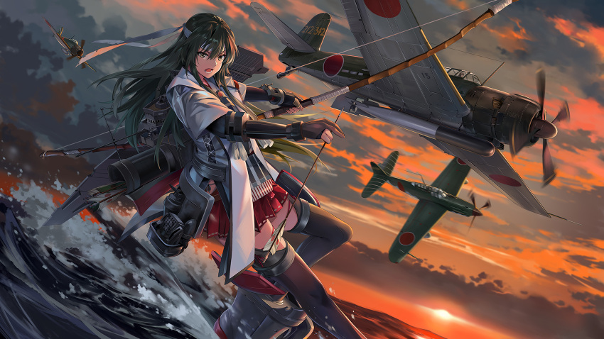 1girl aircraft airplane boots bow_(weapon) clouds dark_green_hair elbow_gloves eyebrows_visible_through_hair gloves green_eyes grey_sky hair_ornament hair_ribbon headband highres japanese_clothes japanese_flag kantai_collection long_hair looking_at_viewer muneate neko_(yanshoujie) ocean partly_fingerless_gloves ribbon sunset thigh-highs thigh_boots torpedo twintails weapon white_headband zuikaku_(kantai_collection)