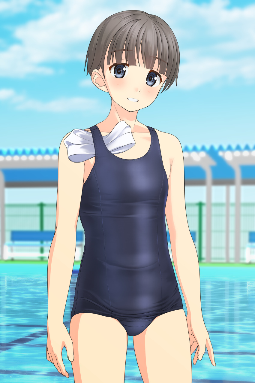 1girl absurdres black_hair blue_eyes blue_sky blue_swimsuit clouds cowboy_shot day eyebrows_visible_through_hair flat_chest highres looking_at_viewer old_school_swimsuit original outdoors parted_lips pool school_swimsuit short_hair sky solo swimsuit takafumi translation_request