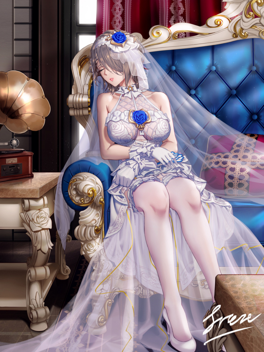 1girl alternate_costume bangs bare_shoulders blush braid breasts bridal_veil bride couch dress flower freze gloves hair_flower hair_ornament head_tilt high_heels highres honkai_(series) honkai_impact_3rd indoors large_breasts rita_rossweisse rita_rossweisse_(vow_of_roses) short_hair sitting sleeping sleeveless sleeveless_dress solo thigh-highs veil white_dress white_footwear white_gloves white_legwear