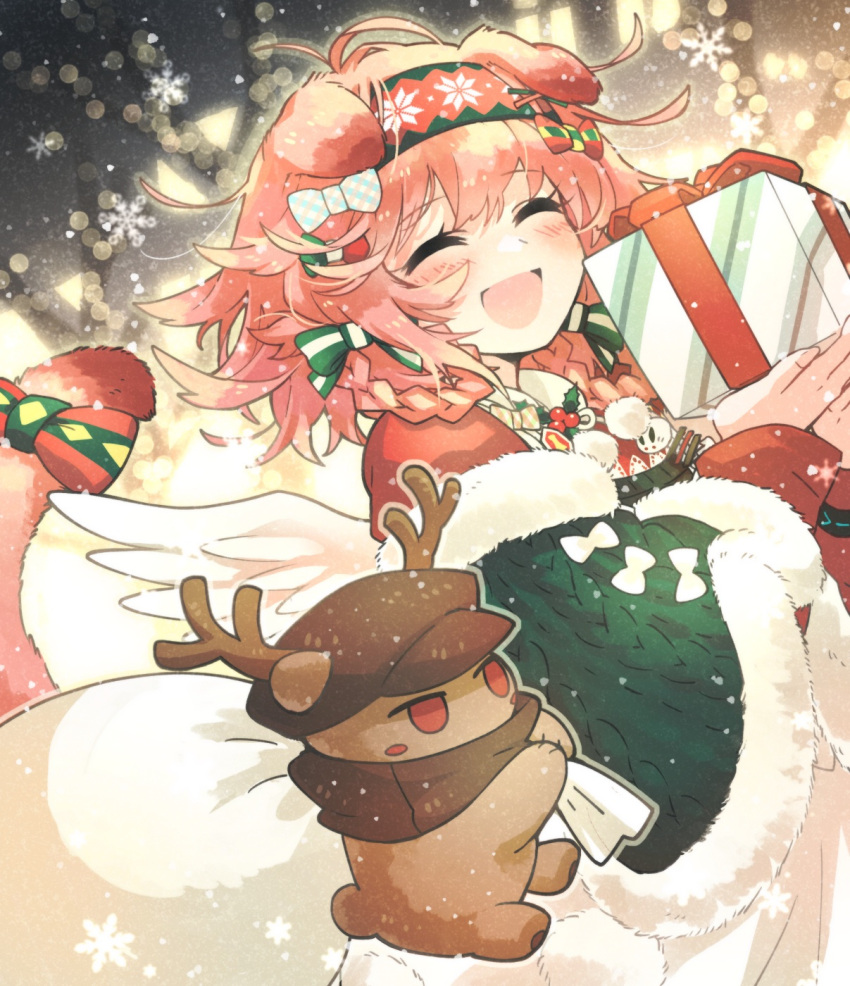 1girl ^_^ animal animal_ears animalization arknights bow box braid braided_hair_rings brown_headwear cabbie_hat cat_ears cat_girl cat_tail closed_eyes clothed_animal commentary_request dog fur_trim gift gift_box goldenglow_(arknights) goldenglow_(maiden_for_the_bright_night)_(arknights) green_bow hair_between_eyes hair_bow hair_rings hairband hat highres holding holding_gift jacket jitome long_hair long_sleeves morini_ochiteru pink_hair red_(npc)_(arknights) red_eyes red_hairband red_jacket revision snowflakes tail tail_bow tail_ornament tail_raised twin_braids