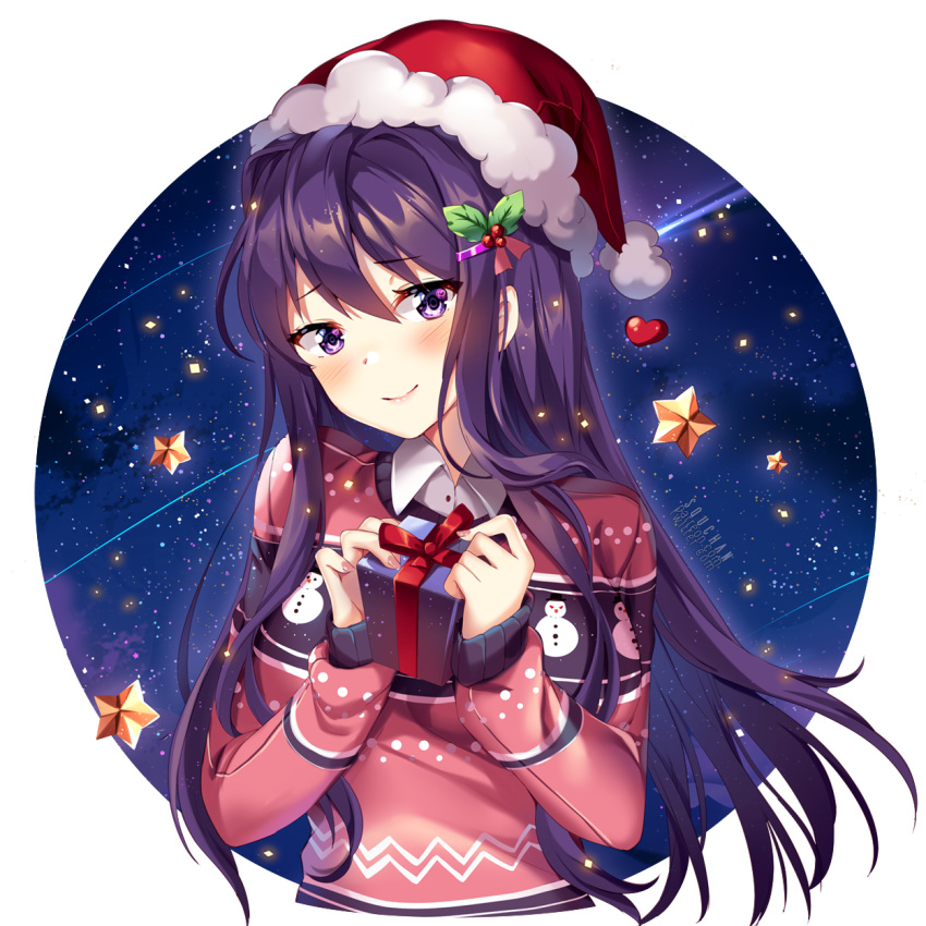 1girl artist_name bangs blush box breasts christmas closed_mouth collared_shirt commentary doki_doki_literature_club english_commentary eyebrows_visible_through_hair fur-trimmed_hat gift gift_box hair_between_eyes hat highres holding holding_gift long_hair long_sleeves print_sweater purple_hair red_headwear red_sweater santa_hat shirt sleeves_past_wrists small_breasts smile snowman_print solo squchan star sweater upper_body very_long_hair violet_eyes watermark web_address white_shirt yuri_(doki_doki_literature_club)