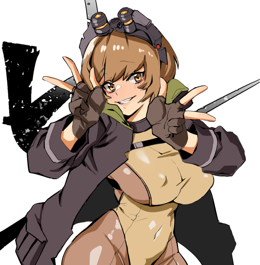 1girl bangs banssee bodysuit breasts chest_strap double_v eyebrows_visible_through_hair fingerless_gloves gloves goggles goggles_on_head grin highres jacket large_breasts last_origin looking_at_viewer short_hair skindentation smile solo t-2_brownie v