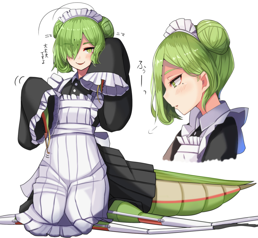 1girl =3 antennae apron black_dress blush collared_dress commentary_request double_bun dress extra_legs eyebrows_visible_through_hair flat_chest frilled_apron frilled_sleeves frills garter_straps green_eyes green_hair hair_behind_ear hair_over_one_eye insect_girl looking_at_viewer maid maid_apron maid_dress maid_headdress mole mole_under_eye monster_girl multiple_views original parted_lips plan_(planhaplalan) pleated_dress praying_mantis simple_background sitting sleeves_past_wrists smile tagme translation_request wariza white_background