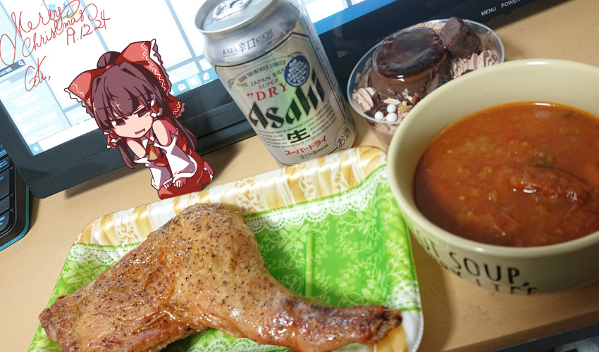 1girl absurdres ascot bare_shoulders beer_can bow bowl brown_eyes brown_hair can chibi chicken_(food) chicken_wing commentary_request computer dated detached_sleeves dutch_angle empty_eyes food frilled_bow frills gokuu_(acoloredpencil) hair_bow hair_tubes hakurei_reimu half_updo highres long_hair long_sleeves merry_christmas monitor open_mouth photo red_bow red_skirt seiza shadow sidelocks signature sitting skirt skirt_set solo soup touhou wide_sleeves yellow_neckwear