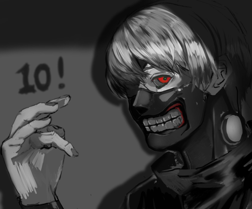 1boy akahara_(akaharaillust) bangs commentary_request eyepatch hand_up highres kaneki_ken male_focus mask monochrome mouth_mask portrait red_eyes shiny shiny_hair short_hair solo spot_color teeth_print tokyo_ghoul