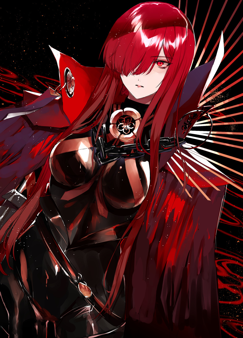 1girl absurdres armor asymmetrical_bangs bangs belt breasts cape chain collar collared_cape eyebrows_visible_through_hair fate/grand_order fate_(series) fuuna_(conclusion) hair_over_one_eye high_collar highres large_breasts long_hair looking_at_viewer oda_nobunaga_(fate)_(all) oda_nobunaga_(maou_avenger)_(fate) parted_lips red_cape red_eyes redhead solo standing