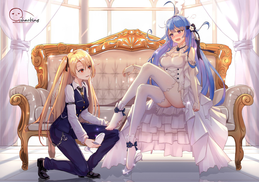 2girls 5555_96 ahoge artist_name azur_lane backlighting bangs black_footwear black_ribbon blonde_hair blue_hair blue_pants blue_vest blush breasts bride chinese_commentary cleveland_(azur_lane) cleveland_(gentry_knight)_(azur_lane) collared_shirt commentary_request couch detached_sleeves dress embarrassed eyebrows_visible_through_hair flower gradient_hair hair_flower hair_ornament hair_ribbon helena_(azur_lane) high_heels highres indoors jewelry large_breasts leg_up long_hair looking_at_another multicolored_hair multiple_girls necklace one_knee one_side_up open_mouth pants pearl_necklace putting_on_shoes red_eyes ribbon shirt sidelocks sitting small_breasts thigh-highs very_long_hair vest violet_eyes wavy_mouth wedding_dress white_flower white_legwear white_shirt window yuri