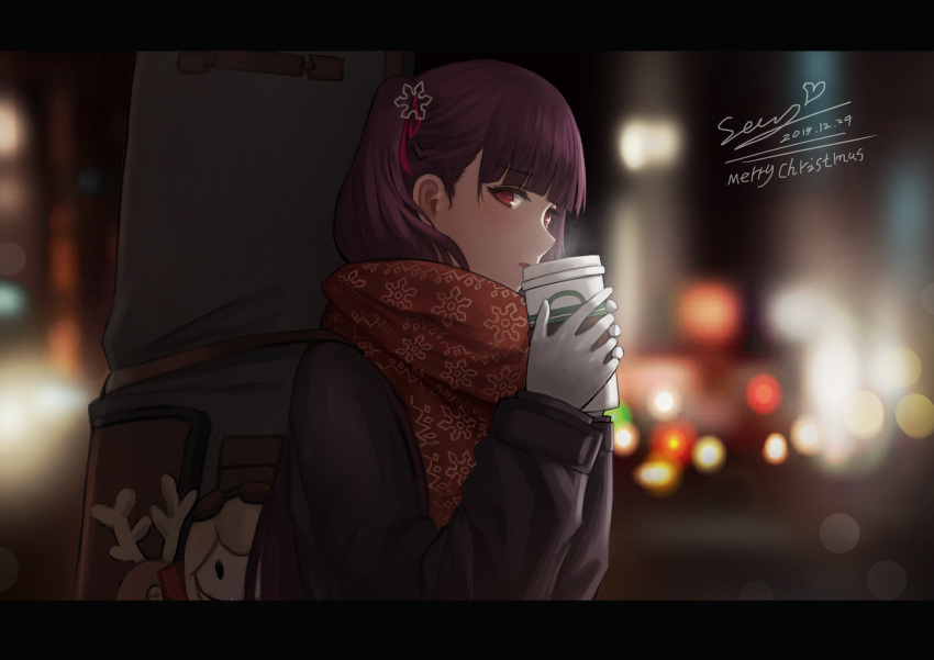 1girl absurdres bangs blurry blurry_background blush breasts breathing character_doll christmas city_lights coat cold cup dated eyebrows_visible_through_hair girls_frontline gloves hair_ribbon half_updo highres holding holding_cup large_breasts letterboxed long_hair looking_at_viewer night one_side_up open_mouth purple_hair red_eyes red_scarf ribbon scarf selcky signature solo wa2000_(girls_frontline) weapon_bag white_gloves