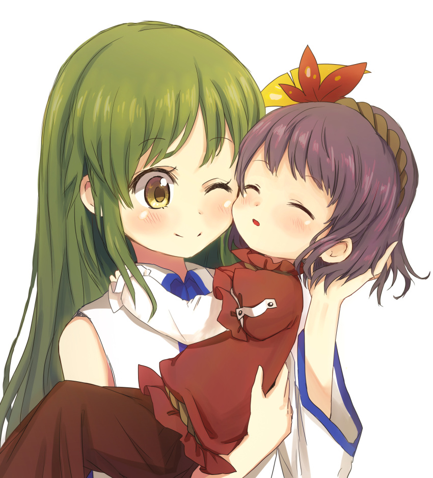 2girls absurdres baby_carry blush cheek-to-cheek commentary_request detached_sleeves green_eyes green_hair hair_ornament hand_on_another's_back hand_on_another's_head highres holding_person kochiya_sanae layered_sleeves leaf_hair_ornament long_sleeves multiple_girls one_eye_closed parted_lips puffy_short_sleeves puffy_sleeves purple_hair red_shirt red_skirt rope shimenawa shirt short_hair short_sleeves simple_background skirt sleeping smile standing tatuhiro touhou upper_body white_background yasaka_kanako younger