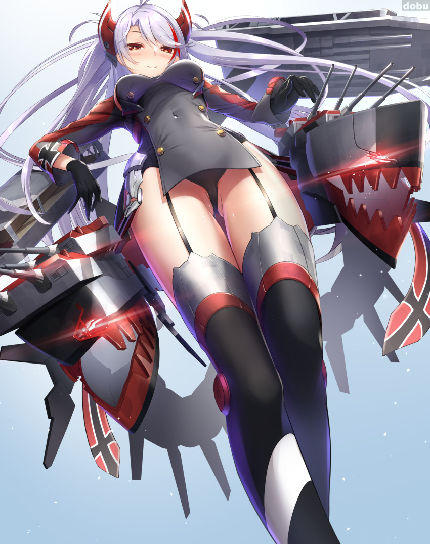 1girl antenna_hair ass_visible_through_thighs azur_lane bangs blush breasts brown_eyes dobunezumi from_below garter_straps glint gloves highres iron_cross large_breasts leotard long_hair looking_at_viewer multicolored_hair pelvic_curtain prinz_eugen_(azur_lane) redhead rigging silver_hair smile solo streaked_hair swept_bangs thigh-highs thighs two_side_up very_long_hair