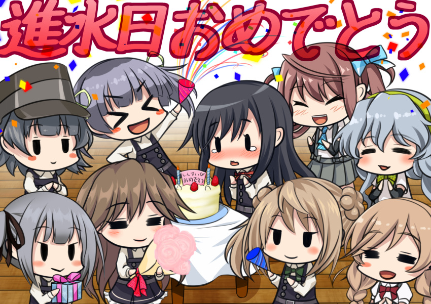 &gt;_&lt; 6+girls =_= absurdres arare_(kantai_collection) arashio_(kantai_collection) arm_warmers asagumo_(kantai_collection) asashio_(kantai_collection) bangs birthday birthday_cake black_eyes black_hair blue_neckwear blush bouquet bow bowtie braid brown_hair cake candle chibi closed_eyes double_bun dress eyebrows_visible_through_hair flower food green_neckwear grey_hair hair_ribbon hat highres kantai_collection kasumi_(kantai_collection) light_brown_hair long_hair long_sleeves makura_(user_jpmm5733) michishio_(kantai_collection) minegumo_(kantai_collection) multiple_girls neck_ribbon ooshio_(kantai_collection) open_mouth party_popper pinafore_dress pleated_skirt ponytail red_neckwear remodel_(kantai_collection) ribbon school_uniform shirt short_hair short_sleeves side_ponytail silver_hair simple_background skirt smile suspender_skirt suspenders table tears twin_braids twintails white_shirt yamagumo_(kantai_collection)