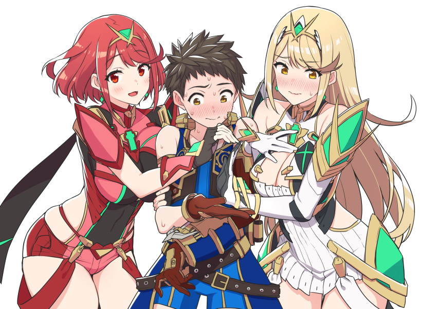1boy 2girls absurdres baffu bangs bare_shoulders blush breasts cleavage_cutout covered_navel elbow_gloves fingerless_gloves gem gloves headpiece highres mythra_(xenoblade) pyra_(xenoblade) large_breasts long_hair looking_at_viewer multiple_girls nintendo open_mouth red_shorts redhead rex_(xenoblade_2) short_hair shorts shoulder_armor simple_background smile swept_bangs thigh-highs tiara white_background xenoblade_(series) xenoblade_2 yellow_eyes