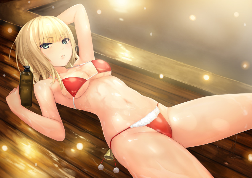 1girl bangs bare_shoulders bell bikini blonde_hair breasts coffee-kizoku collarbone commentary_request eyebrows_visible_through_hair green_eyes highleg highleg_bikini highres light_particles lips looking_at_viewer lotion_bottle lying medium_breasts mele_retanagua navel on_back original parted_lips pom_pom_(clothes) red_bikini shiny shiny_clothes shiny_skin short_hair simple_background solo steam stomach swimsuit water wooden_floor