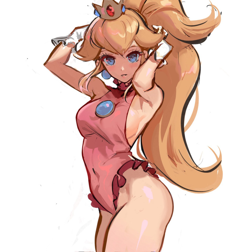 1girl adapted_costume adult alternate_hairstyle armpits arms_up bangs blonde_hair blue_earrings blue_eyes breasts brooch covered_navel cowboy_shot crown earrings eyelashes frilled_leotard frills from_side gloves highres james_ghio jewelry leotard lips long_hair looking_at_viewer super_mario_bros. mario_and_sonic_at_the_olympic_games medium_breasts nintendo nintendo_ead parted_lips pink_leotard princess_peach sideboob simple_background solo super_mario_bros. thighs very_long_hair white_background white_gloves