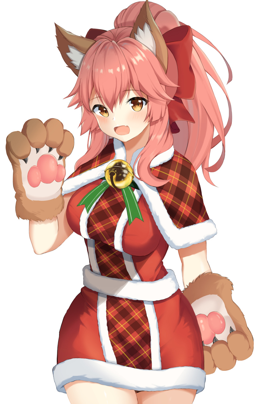 1girl absurdres animal_ear_fluff animal_ears bell bell_collar breasts cat_paws collar eyebrows_visible_through_hair fang fate/grand_order fate_(series) fox_ears fox_girl gloves hair_ribbon hfmt7223 highres jingle_bell large_breasts long_hair looking_at_viewer open_mouth paw_gloves paws pink_hair ponytail red_ribbon ribbon santa_costume simple_background skin_fang solo tamamo_(fate)_(all) tamamo_cat_(fate) white_background yellow_eyes