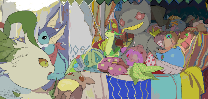 3others apios1 banette black_eyes blonde_hair buneary button_eyes colorful curtains cushion doll drifblim eevee flygon head_fins highres leafeon looking_back magikarp market merchant multiple_others no_humans oddish open_mouth patches pillow pokemon red_eyes road scenery sketch smile stall stitches street stuffed_animal stuffed_toy vaporeon vileplume wailmer yellow_eyes zipper