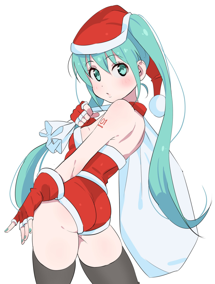 1girl aqua_eyes aqua_hair ass black_legwear breasts commentary cowboy_shot fingerless_gloves from_behind gloves hat hatsune_miku highres long_hair looking_at_viewer nail_polish number_tattoo red_gloves sack santa_costume santa_hat shoulder_tattoo simple_background small_breasts solo tattoo thigh-highs tshangen131 twintails very_long_hair vocaloid white_background