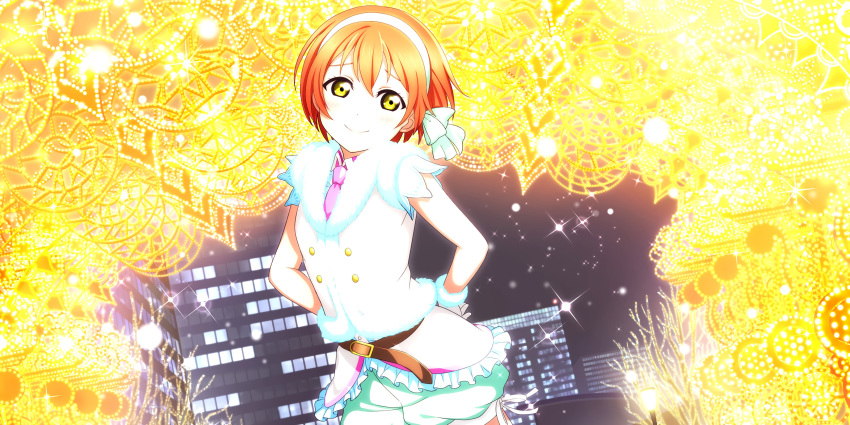 blush dress green_eyes hoshizora_rin love_live!_school_idol_festival_all_stars night orange_hair short_hair smile